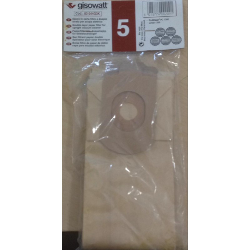 SACCHETTI ASPIRAPOLVERE GISOWATT PER MODELLI PROFICLEAN PC 1300/LINDA 1200 (COD 83044G3K) 5 PEZZI  NUOVO