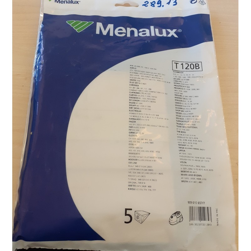 SACCHETTI ASPIRAPOLVERE MENALUX  T120B COMPATIBILE CON VARI MODELLI DI ASPIRAPOLVERE (COD 289.13) 5 PEZZI  NUOVO