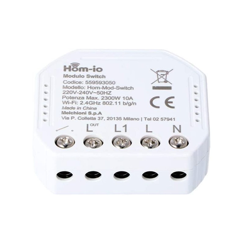 Hom-io HOM-MOD-SWITCH 1X10A Modulo WiFi, Interruttore 1 canale smart contatto pulito per punti luce e dispositivi elettrici