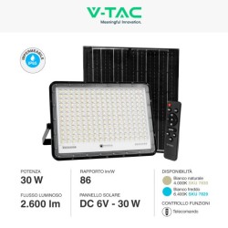 V-TAC VT-240W FARO LED FLOODLIGHT 30W IP65 COLORE NERO CON PANNELLO SOLARE E TELECOMANDO