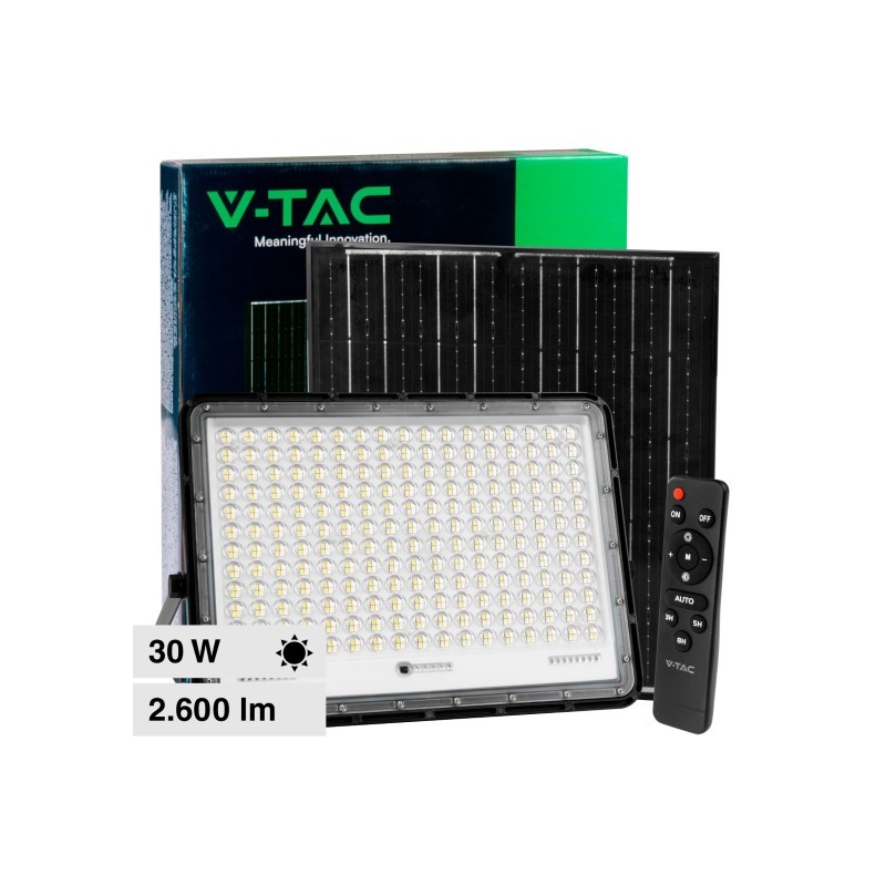 V-TAC VT-240W FARO LED FLOODLIGHT 30W IP65 COLORE NERO CON PANNELLO SOLARE E TELECOMANDO