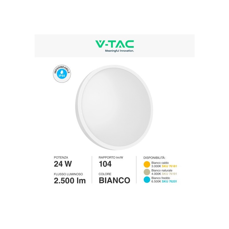 V-TAC VT-8624 PLAFONIERA LED ROTONDA 24W SMD IP44 COLORE BIANCO