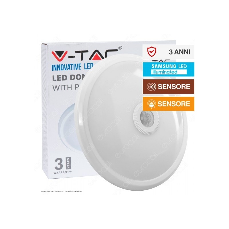 V-TAC PRO VT-13 PLAFONIERA LED DOME LIGHT 12W SMD CHIP SAMSUNG CON SENSORE PIR DI MOVIMENTO E CREPUSCOLARE