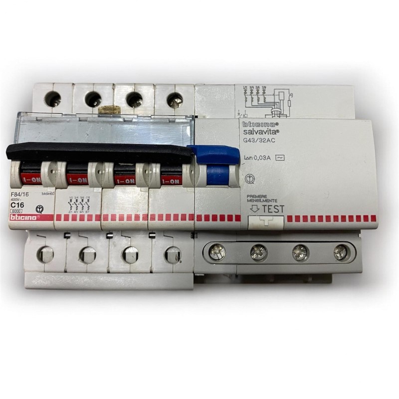 Interruttore magnetotermico differenziale, BTicino F84/16 C16  4 poli CON SALVAVITA G43/32AC