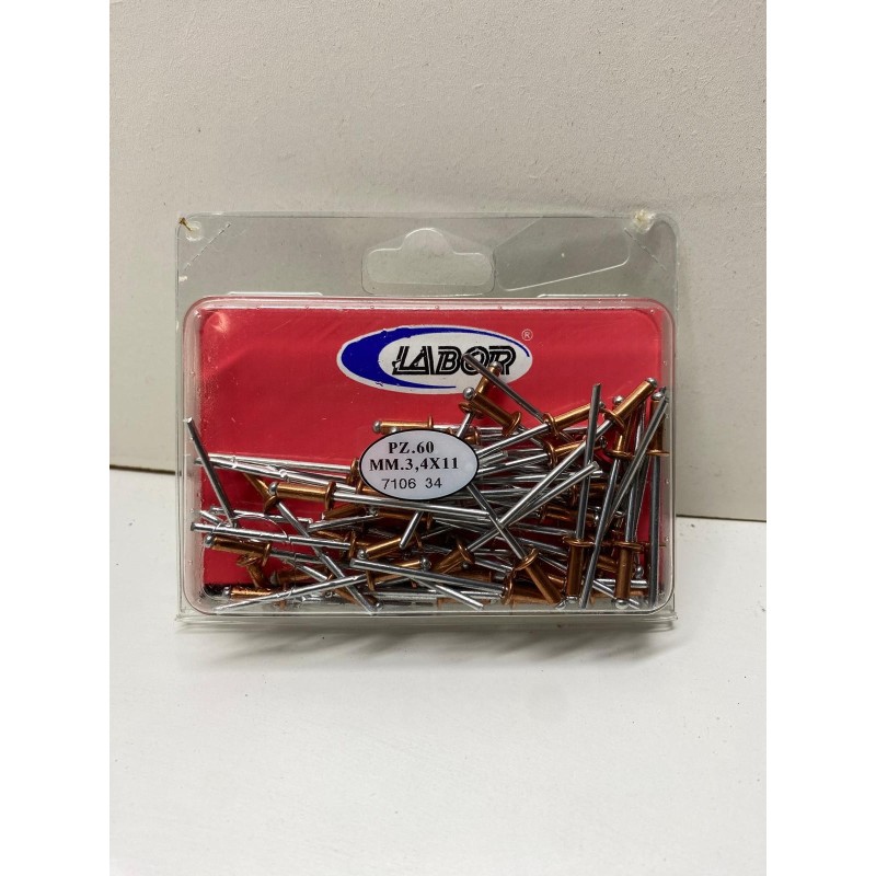 Rivetti a Strappo Labor 3,4 X 11 mm Confezione 60 Pezzi Testa Rame e Mandrino Ferro Cod. 7106 34
