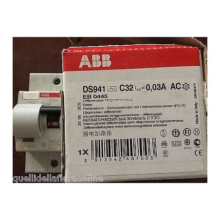 INTERRUTTORE DIFFERENZIALE MAGNETOTERMICO ABB 32A 30mA 1P+N DS941 AC 0,03 NUOVO