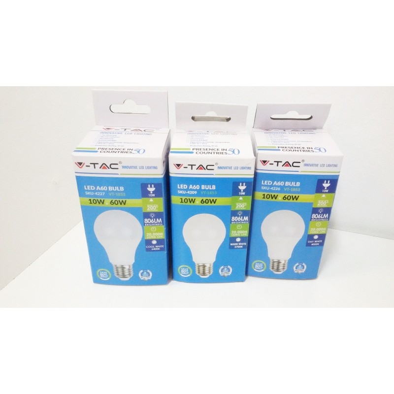 V-TAC VT-1853 LAMPADINA LED E27 10W BULB A60 - SKU 4227 LUCE FREDDA ( 6400K )
