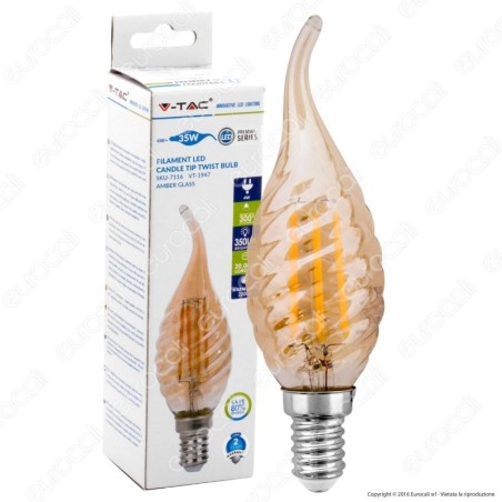 V-TAC VT-1947 Lampadina LED E14 4W Candela a Fiamma Tortiglione Filamento Ambrato 2200K - SKU 7116