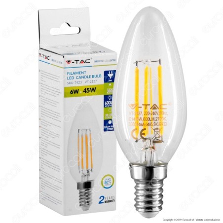 V-TAC VT-2127 Lampadina LED E14 6W Candela Filamento 3000K - SKU 7423