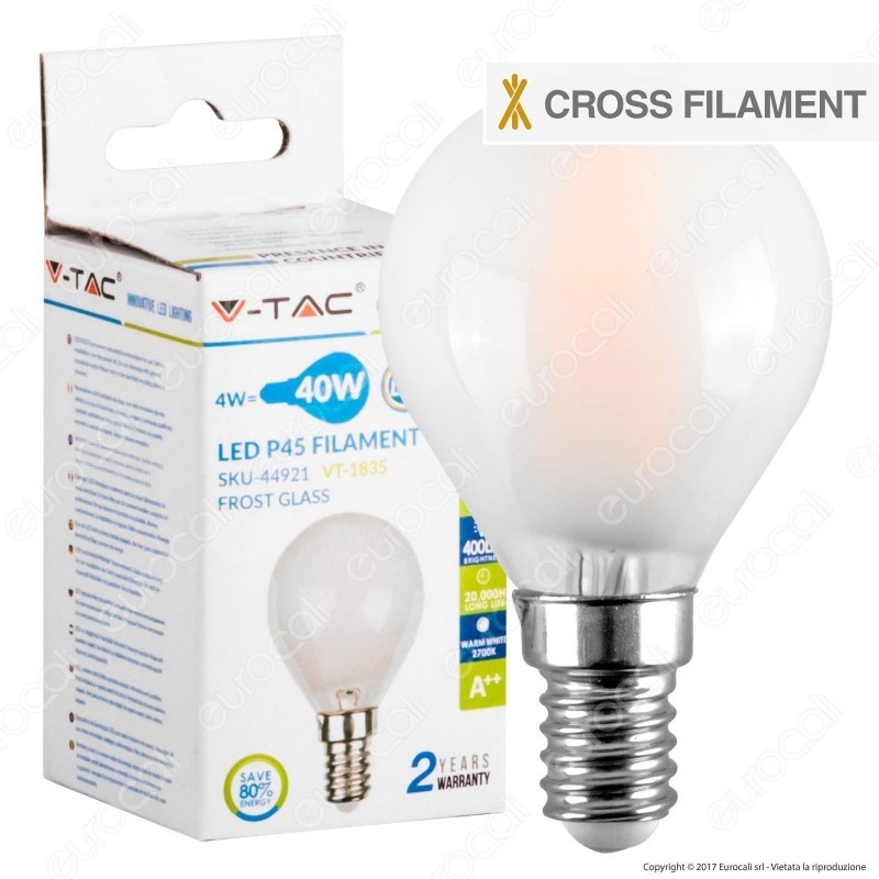 V-TAC VT-1835 Lampadina LED E14 4W P45 Filamento Incrociato Satinato 6400K - SKU 44941