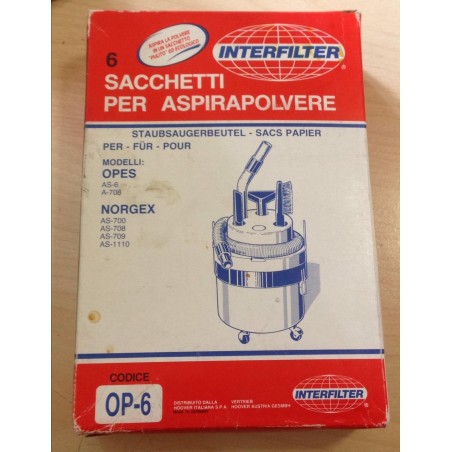 SACCHETTI ASPIRAPOLVERE INTERFILTER COMPATIBILI CON VARI MODELLI DI ASPIRAPOLVERE (COD OP-6) - 6 PEZZI  NUOVO
